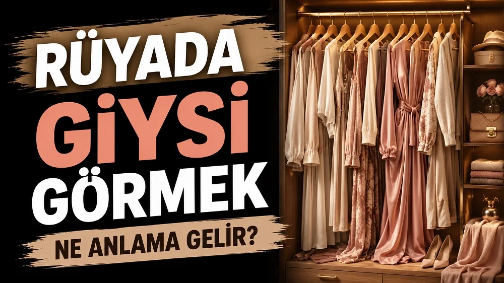 Rüyada giysi görmek ne anlama gelir başlıklı, sıcak tonlarda gardırop içinde asılı zarif kıyafetler ve büyük tipografi bulunan kapak görseli.