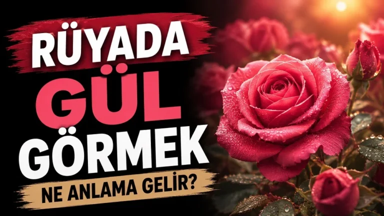 Rüyada gül görmek ne anlama gelir başlıklı, kırmızı tonlarda hazırlanmış ve çiğ damlalı büyük bir gülün öne çıktığı kapak görseli.
