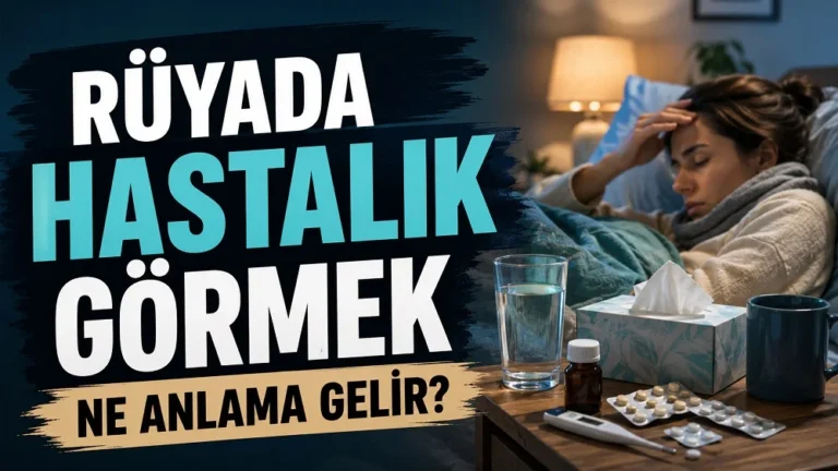 Rüyada hastalık görmek ne anlama gelir başlıklı, yatakta dinlenen hasta kişi, ilaçlar, termometre, su bardağı ve mendil kutusu bulunan mavi ve turkuaz tonlarda kapak görseli.