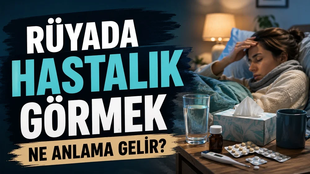 Rüyada hastalık görmek ne anlama gelir başlıklı, yatakta dinlenen hasta kişi, ilaçlar, termometre, su bardağı ve mendil kutusu bulunan mavi ve turkuaz tonlarda kapak görseli.