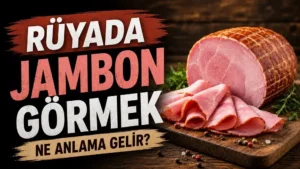 Rüyada Jambon Görmek Ne Anlama Gelir? yazılı, rustik ahşap zeminde jambon dilimleri bulunan blog kapak görseli.