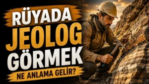 Rüyada jeolog görmek ne anlama gelir başlıklı, kayalık alanda baretli bir jeoloğun taşları incelediği kahverengi ve altın tonlu kapak görseli.