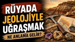 Rüyada jeolojiyle uğraşmak ne anlama gelir başlıklı, kaya katmanları, jeolog çekici, jeolojik harita, pusula ve mineral taşları bulunan sıcak toprak tonlarında kapak görseli.