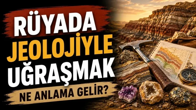 Rüyada jeolojiyle uğraşmak ne anlama gelir başlıklı, kaya katmanları, jeolog çekici, jeolojik harita, pusula ve mineral taşları bulunan sıcak toprak tonlarında kapak görseli.