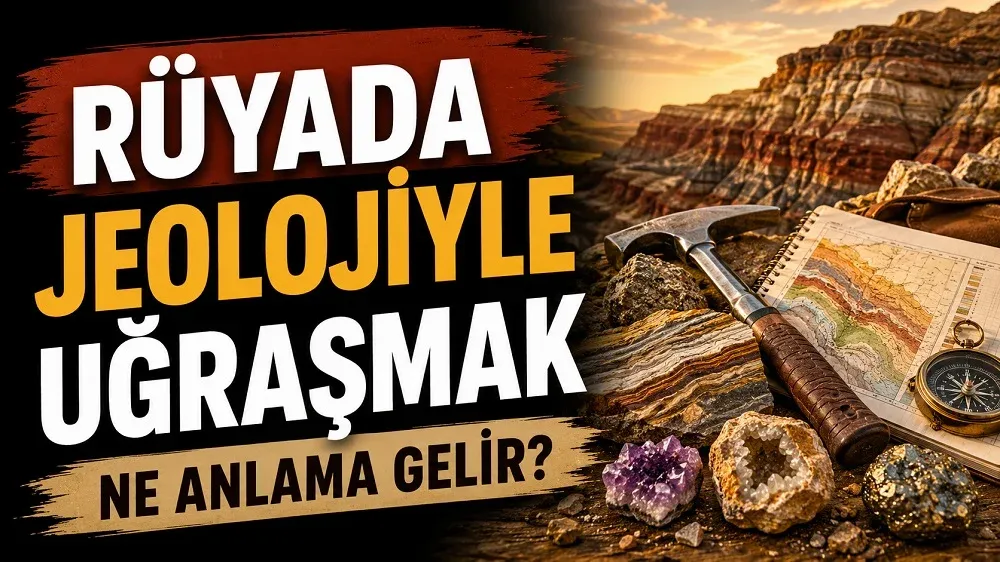 Rüyada jeolojiyle uğraşmak ne anlama gelir başlıklı, kaya katmanları, jeolog çekici, jeolojik harita, pusula ve mineral taşları bulunan sıcak toprak tonlarında kapak görseli.