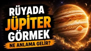 Rüyada Jüpiter görmek ne anlama gelir başlıklı, uzay arka planında büyük Jüpiter gezegeni ve turuncu-beyaz tonlarda güçlü tipografi bulunan kapak görseli.