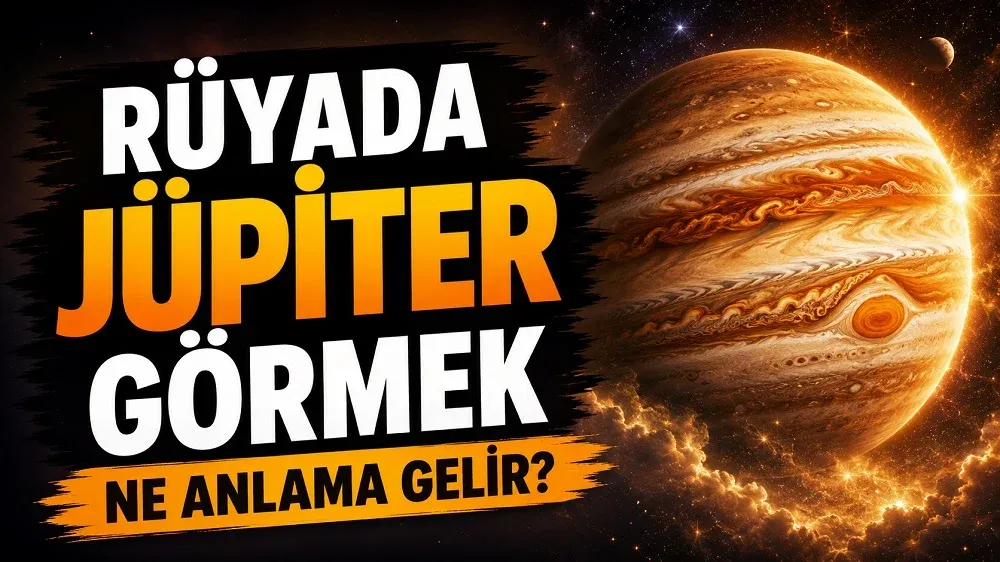 Rüyada Jüpiter görmek ne anlama gelir başlıklı, uzay arka planında büyük Jüpiter gezegeni ve turuncu-beyaz tonlarda güçlü tipografi bulunan kapak görseli.