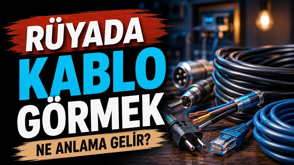 Rüyada kablo görmek ne anlama gelir başlıklı, mavi ve siyah kablolar, fiş, ethernet ucu ve bağlantı parçaları bulunan teknoloji temalı kapak görseli.
