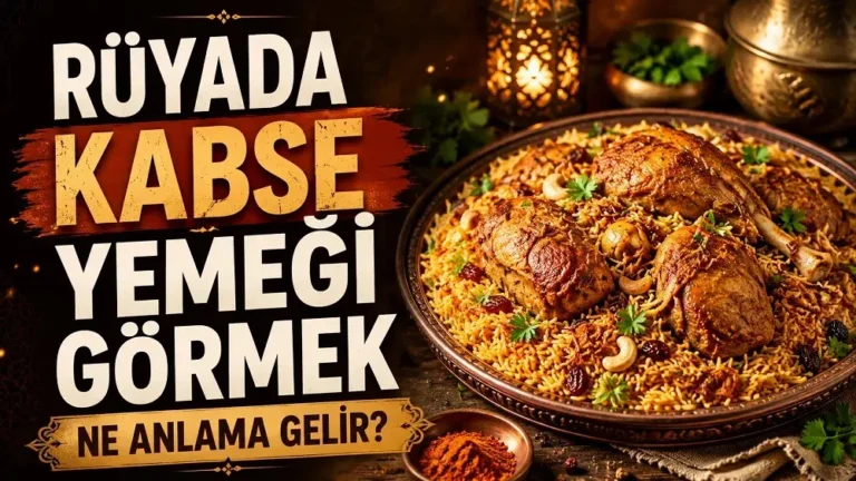Rüyada kabse yemeği görmek başlıklı, sıcak tonlarda hazırlanmış kabse yemeği ve büyük yazılı rüya tabiri kapak görseli.