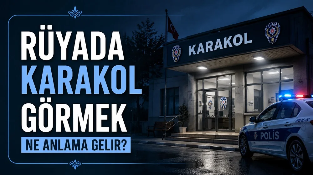 Rüyada karakol görmek ne anlama gelir başlıklı, gece vakti karakol binası, polis aracı ve mavi ışık detayları bulunan kapak görseli.