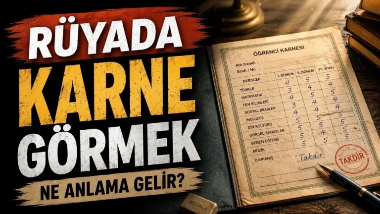 Rüyada Karne Görmek Ne Anlama Gelir başlıklı, öğrenci karnesi, eski kitaplar ve kalem detaylarıyla hazırlanmış nostaljik rüya tabiri kapak görseli.