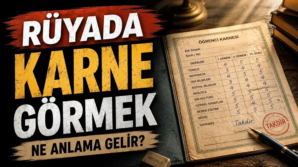 Rüyada Karne Görmek Ne Anlama Gelir başlıklı, öğrenci karnesi, eski kitaplar ve kalem detaylarıyla hazırlanmış nostaljik rüya tabiri kapak görseli.