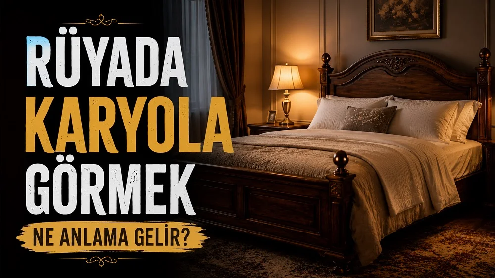 Rüyada karyola görmek ne anlama gelir başlıklı, loş ışıklı yatak odasında ahşap karyola ve sıcak tonlarla hazırlanmış kapak görseli.