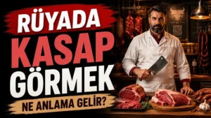 Rüyada Kasap Görmek Ne Anlama Gelir başlıklı, kasap dükkânında beyaz önlüklü bir kasap ve et tezgâhının yer aldığı kırmızı, siyah ve sıcak kahverengi tonlarda hazırlanmış blog kapak görseli.