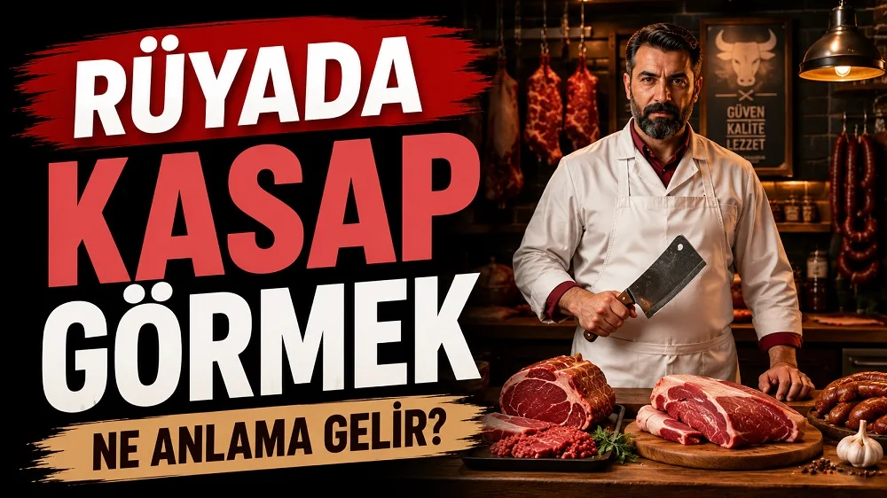 Rüyada Kasap Görmek Ne Anlama Gelir başlıklı, kasap dükkânında beyaz önlüklü bir kasap ve et tezgâhının yer aldığı kırmızı, siyah ve sıcak kahverengi tonlarda hazırlanmış blog kapak görseli.