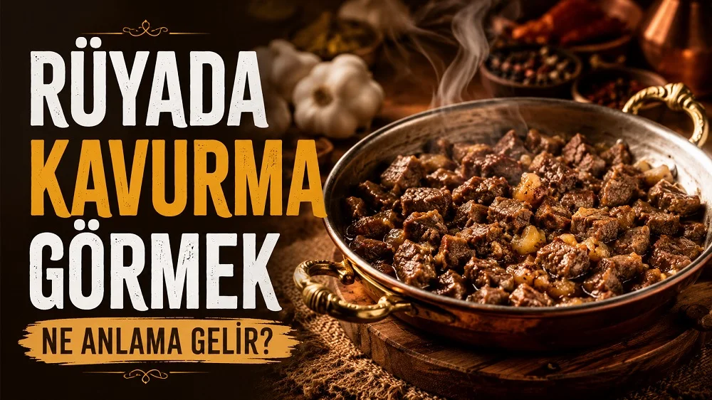 Rüyada kavurma görmek ne anlama gelir başlıklı, sıcak tonlarda hazırlanmış ve dumanı tüten kavurma tavasının yer aldığı kapak görseli.