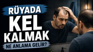 Rüyada kel kalmak ne anlama gelir başlıklı, aynaya bakarak saç dökülmesini inceleyen erkek figürünün yer aldığı koyu mavi tonlu kapak görseli.