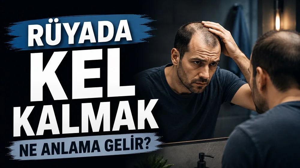 Rüyada kel kalmak ne anlama gelir başlıklı, aynaya bakarak saç dökülmesini inceleyen erkek figürünün yer aldığı koyu mavi tonlu kapak görseli.