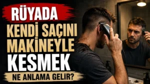 Rüyada Kendi Saçını Makineyle Kesmek Ne Anlama Gelir başlıklı, ayna karşısında saçını makineyle kesen bir kişinin yer aldığı koyu kırmızı, siyah ve bej tonlarda hazırlanmış blog kapak görseli.