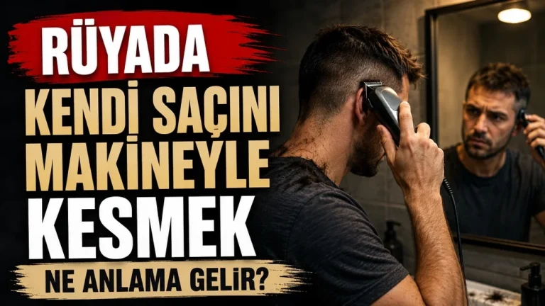 Rüyada Kendi Saçını Makineyle Kesmek Ne Anlama Gelir başlıklı, ayna karşısında saçını makineyle kesen bir kişinin yer aldığı koyu kırmızı, siyah ve bej tonlarda hazırlanmış blog kapak görseli.