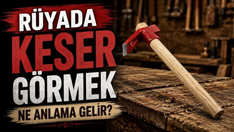 Rüyada keser görmek ne anlama gelir başlıklı, ahşap saplı kırmızı keserin atölye ortamında yer aldığı kapak görseli.