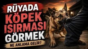 Rüyada köpek ısırması görmek ne anlama gelir başlıklı, gün batımı tonlarında saldırgan bir köpeğin bir kişiyi ısırdığı sahnenin yer aldığı kapak görseli.