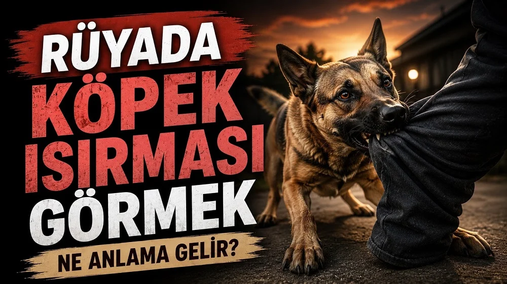Rüyada köpek ısırması görmek ne anlama gelir başlıklı, gün batımı tonlarında saldırgan bir köpeğin bir kişiyi ısırdığı sahnenin yer aldığı kapak görseli.