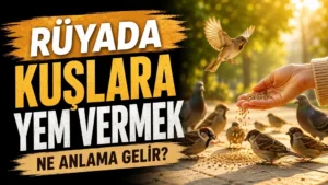Rüyada kuşlara yem vermek ne anlama gelir başlıklı, güneşli park ortamında kuşlara yem uzatan el ve yerde yem yiyen kuşların yer aldığı sıcak tonlu kapak görseli.