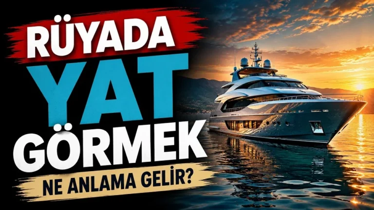 Rüyada Yat Görmek Ne Anlama Gelir başlıklı, gün batımında deniz üzerinde duran lüks bir yatın yer aldığı mavi, turuncu ve altın tonlarda hazırlanmış blog kapak görseli.
