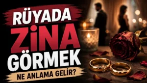 Rüyada zina görmek ne anlama gelir başlıklı, kırık alyanslar, solmuş kırmızı gül ve arka planda uzak duran siluetlerle tasarlanmış bordo ve koyu tonlarda kapak görseli.