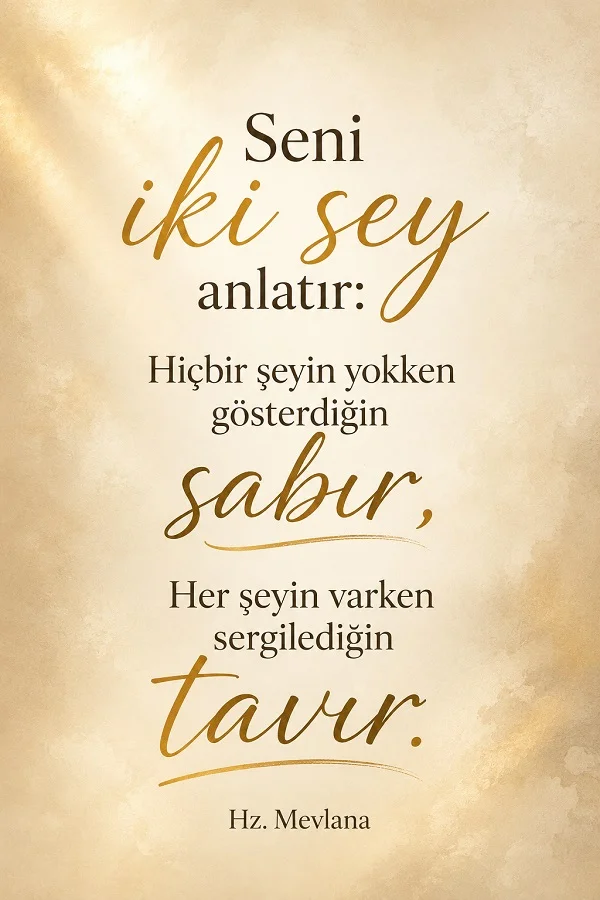 Açık renk düz fonda “Seni iki şey anlatır: Hiçbir şeyin yokken gösterdiğin sabır, her şeyin varken sergilediğin tavır.” sözünün yazılı olduğu tasarım.