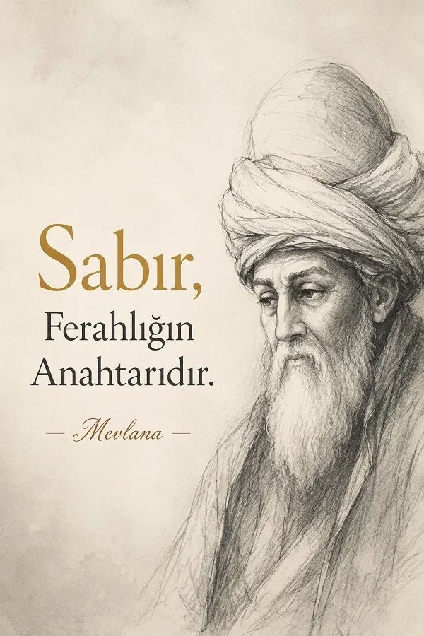 Eskiz tarzında Mevlana portresi yanında “Sabır, ferahlığın anahtarıdır. – Mevlana” sözünün yer aldığı sade ve manevi tasarım.