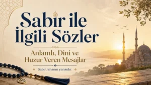 Cami manzarası, gün batımı, tesbih ve zarif tipografiyle hazırlanmış “Sabır ile İlgili Sözler: Anlamlı, Dini ve Huzur Veren Mesajlar” başlıklı modern kapak görseli.