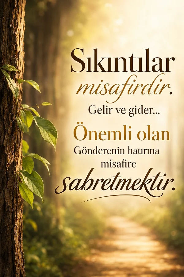 Ağaç gövdesi ve orman yolunun bulunduğu fonda “Sıkıntılar misafirdir… Önemli olan misafire sabretmektir.” sözünün yer aldığı tasarım.
