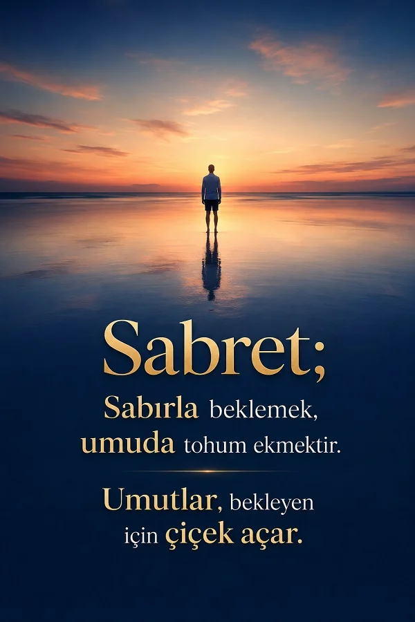 Gün batımı sırasında sığ suda duran bir insan figürü ve “Sabret, sabırla beklemek umuda tohum ekmektir.” sözünün bulunduğu tasarım.