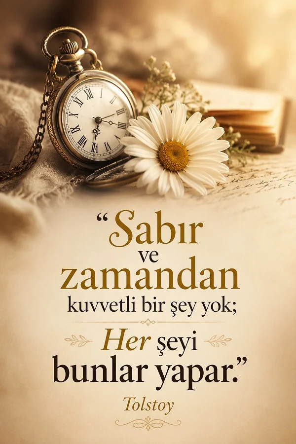 Eski bir cep saati ve beyaz çiçek bulunan fonda “Sabır ve zamandan kuvvetli bir şey yok; her şeyi bunlar yapar.” sözünün yer aldığı tasarım.