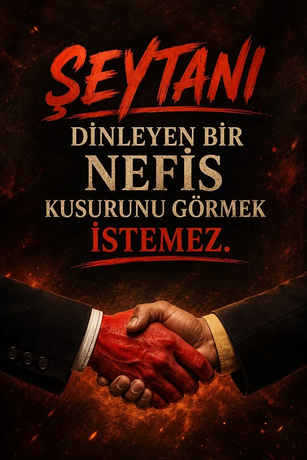Karanlık kırmızı arka planda tokalaşan iki elin altında “Şeytanı dinleyen bir nefis kusurunu görmek istemez.” sözü yer alıyor.