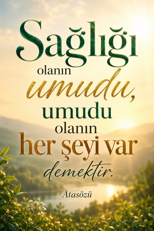 Doğa ve göl manzarası önünde “Sağlığı olanın umudu, umudu olanın her şeyi var demektir.” atasözü yer alıyor.