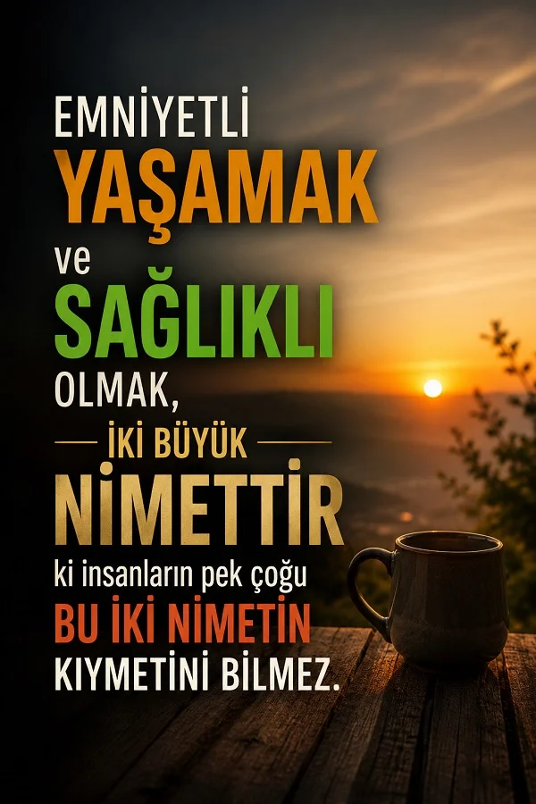 Gün doğumu manzarası ve masa üzerindeki fincan önünde “Emniyetli yaşamak ve sağlıklı olmak, iki büyük nimettir ki insanların pek çoğu bu iki nimetin kıymetini bilmez.” sözü yer alıyor.