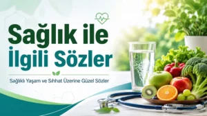 Yeşil ve ferah tonlarda hazırlanmış kapak görselinde, “Sağlık ile İlgili Sözler” başlığı; yanında su, meyve, sebze ve stetoskop detayları yer alıyor.