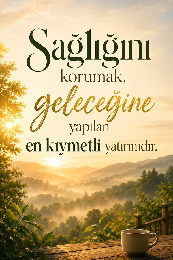 Dağ manzarası ve ön planda bir fincan bulunan sahnede “Sağlığını korumak, geleceğine yapılan en kıymetli yatırımdır.” sözü yer alıyor.