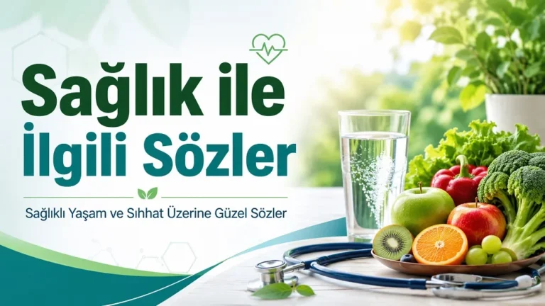 Yeşil ve ferah tonlarda hazırlanmış kapak görselinde, “Sağlık ile İlgili Sözler” başlığı; yanında su, meyve, sebze ve stetoskop detayları yer alıyor.