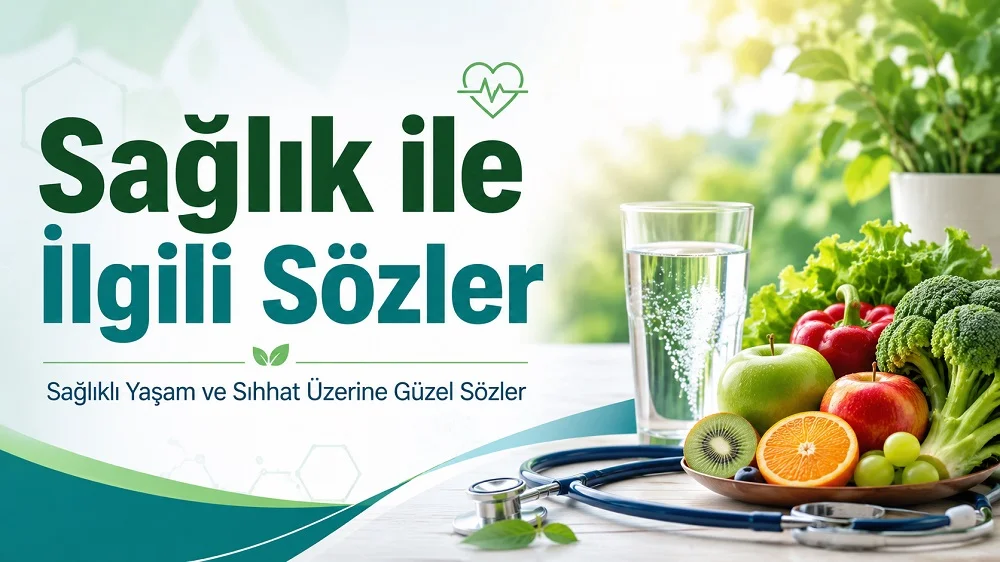 Yeşil ve ferah tonlarda hazırlanmış kapak görselinde, “Sağlık ile İlgili Sözler” başlığı; yanında su, meyve, sebze ve stetoskop detayları yer alıyor.