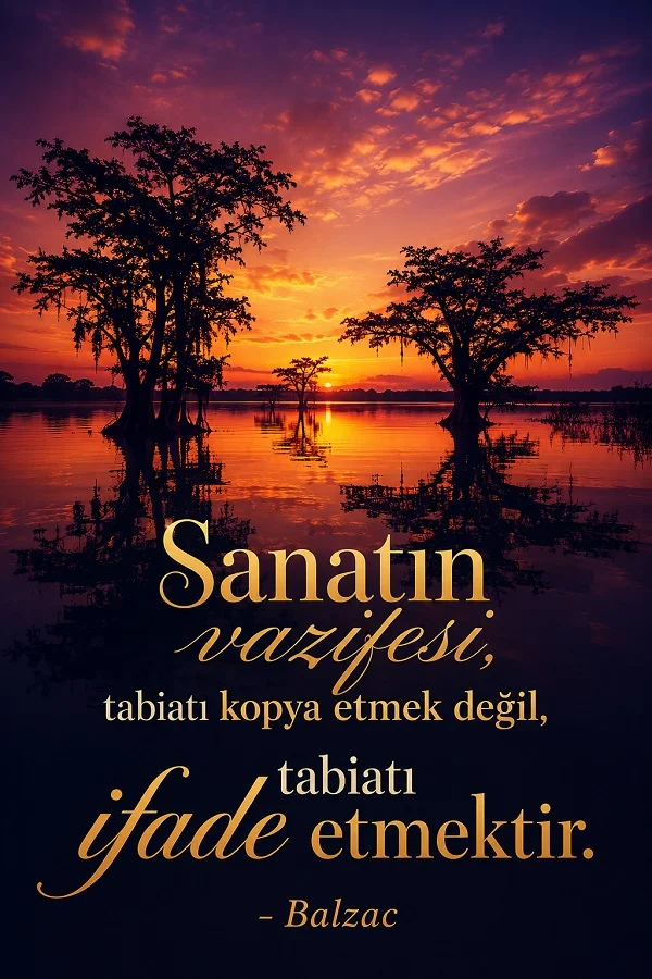Gün batımında su içindeki ağaçların yer aldığı manzara üzerinde “Sanatın vazifesi, tabiatı kopya etmek değil, tabiatı ifade etmektir.” Balzac sözü yazıyor.