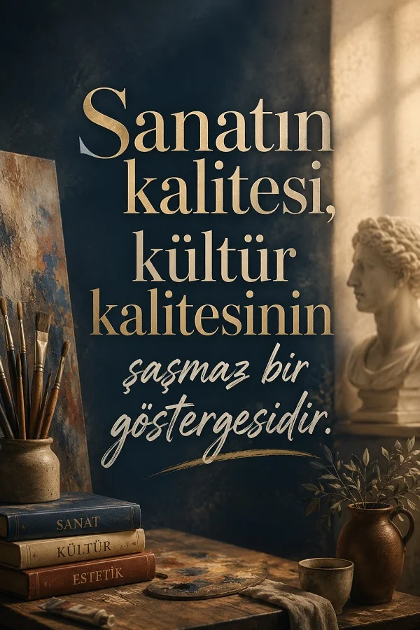 Sanat malzemeleri, kitaplar ve heykel büstünün bulunduğu atölye benzeri ortamda “Sanatın kalitesi, kültür kalitesinin şaşmaz bir göstergesidir.” sözü yer alıyor.