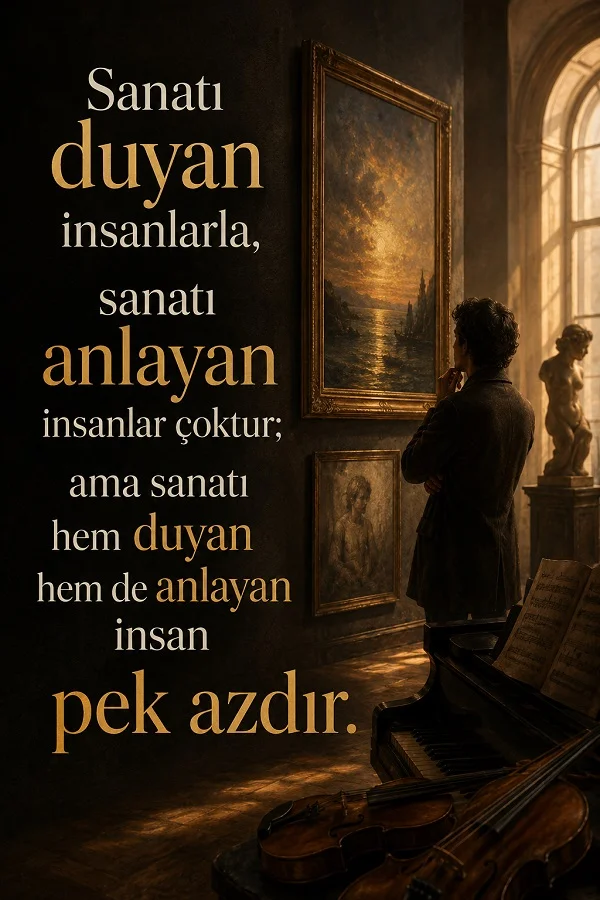 Sanat galerisinde tabloya bakan bir kişinin, keman ve piyano bulunan ortamda yer aldığı görselde “Sanatı duyan insanlarla, sanatı anlayan insanlar çoktur; ama sanatı hem duyan hem de anlayan insan pek azdır.” sözü yazıyor.