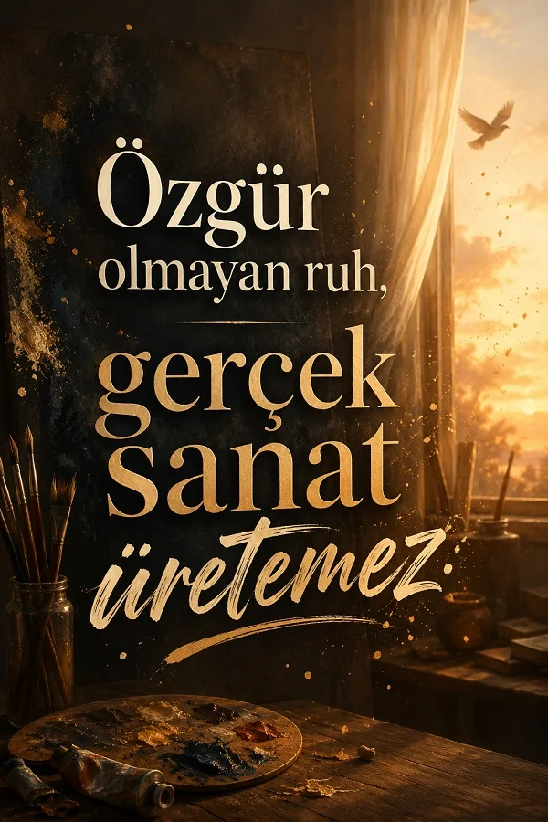 Sanat atölyesinde tuval, fırçalar ve boya paletinin bulunduğu, pencere yanında kuş görülen sahnede “Özgür olmayan ruh, gerçek sanat üretemez.” sözü yer alıyor.