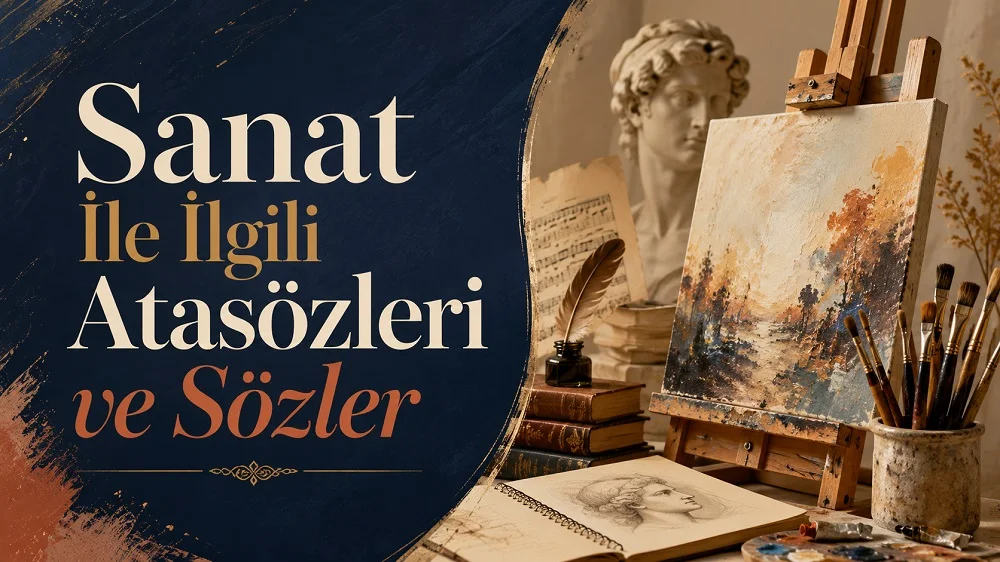 Tuval, fırçalar, heykel, eskiz defteri ve büyük tipografiyle hazırlanmış “Sanat ile İlgili Atasözleri ve Sözler” başlıklı modern kapak görseli.