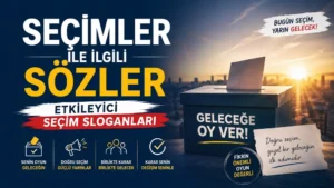 Modern seçim temalı kapak görselinde oy sandığı, sandığa atılan oy pusulası, şehir manzarası ve “Seçimler ile İlgili Sözler Etkileyici Seçim Sloganları” yazısı yer alıyor.