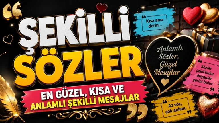 Siyah, altın ve pembe tonlarda hazırlanmış kapak görselinde, “Şekilli Sözler” başlığı, kalp figürleri, alıntı kutuları ve dekoratif mesaj detayları yer alıyor.